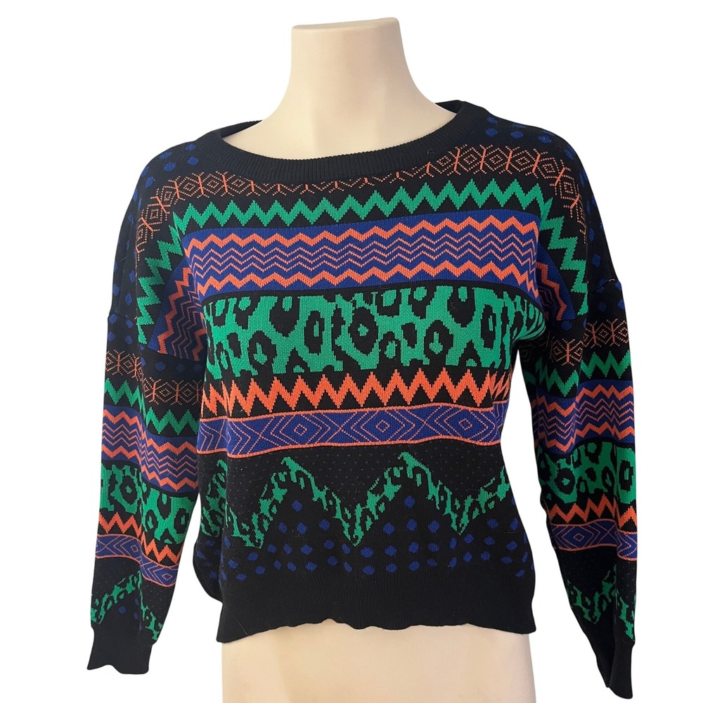 Vintage Style Neon Geometric Leopard Print Knit Crewneck Sweater Black Multi